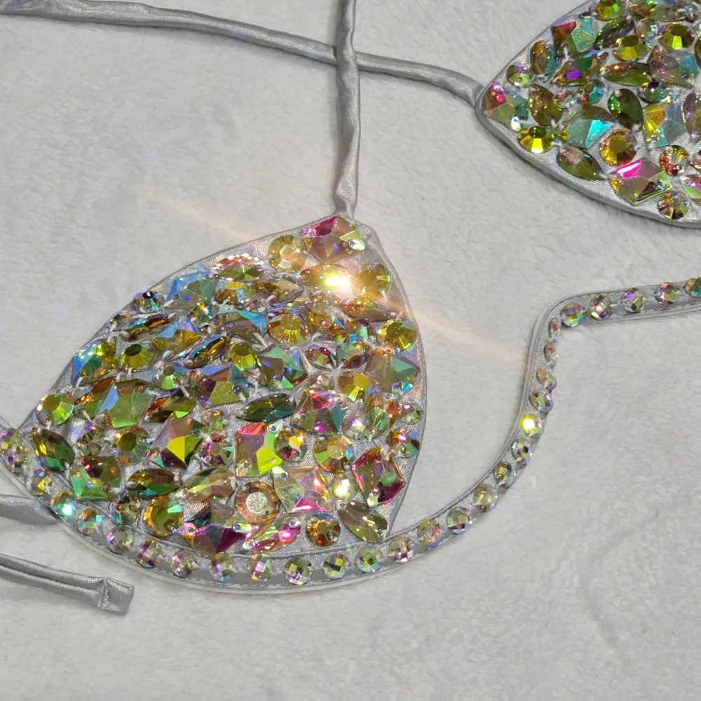 Windsor ✦ Major Glow Silver Embellished Halter Bra Top Gemstone Padded Tie‑Back - Picture 14 of 14